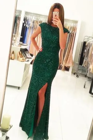 Luxurious Cap Sleeves Dark Green Split-Front Open Back Long Sequin Sexy Mermaid Prom Dress