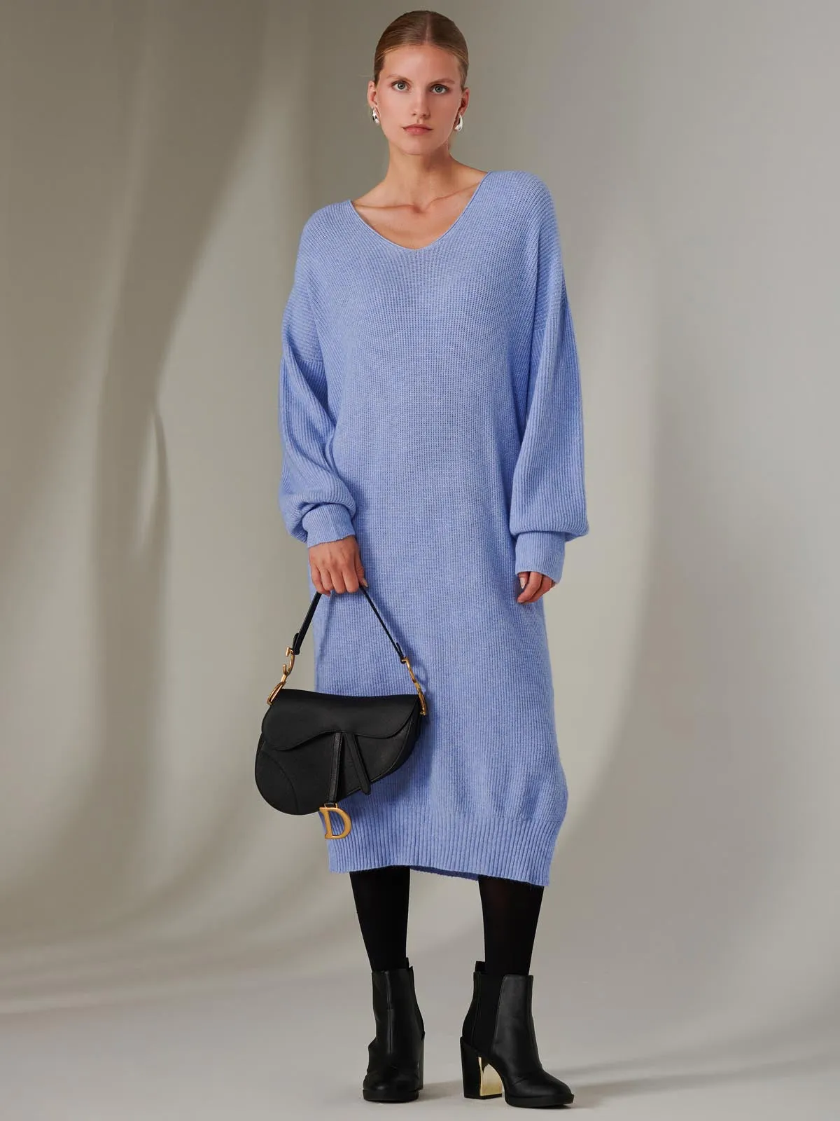 Made In Italy V Neck Knitted Jumper Maxi Dress, Grapemist