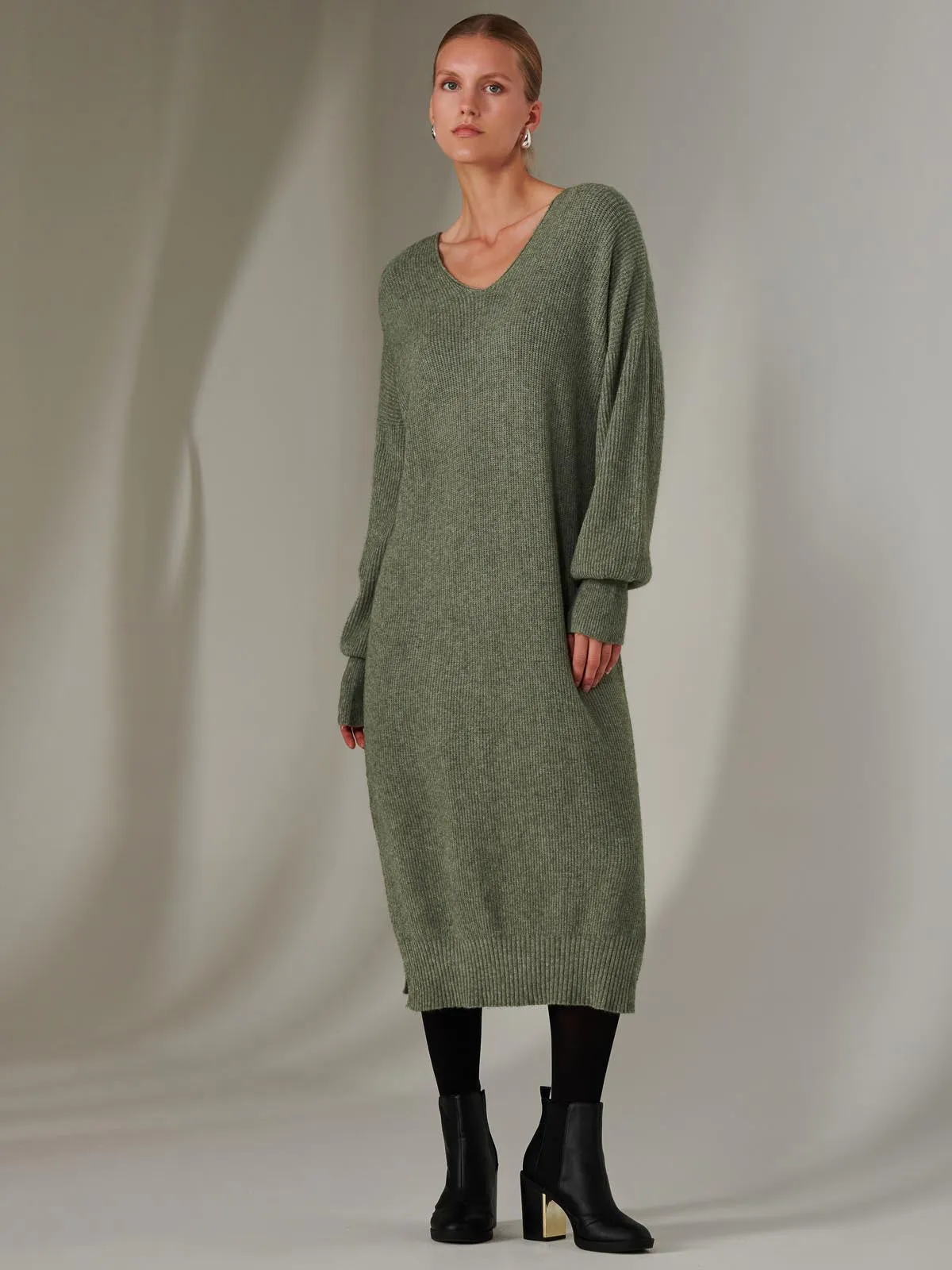 Made In Italy V Neck Knitted Jumper Maxi Dress, Khaki Green