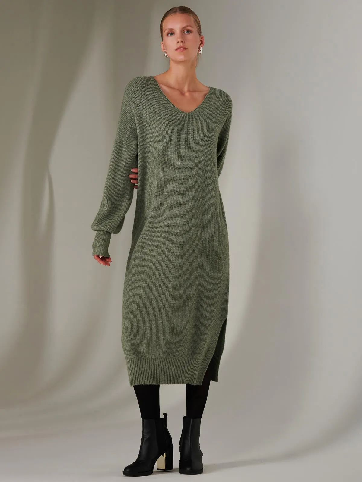 Made In Italy V Neck Knitted Jumper Maxi Dress, Khaki Green