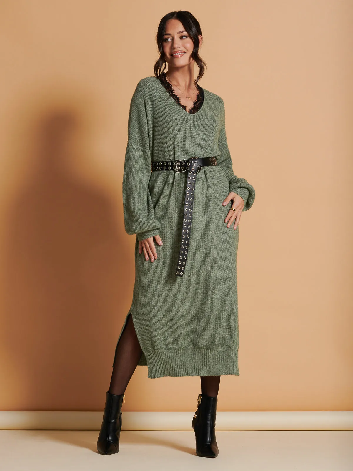 Made In Italy V Neck Knitted Jumper Maxi Dress, Khaki Green