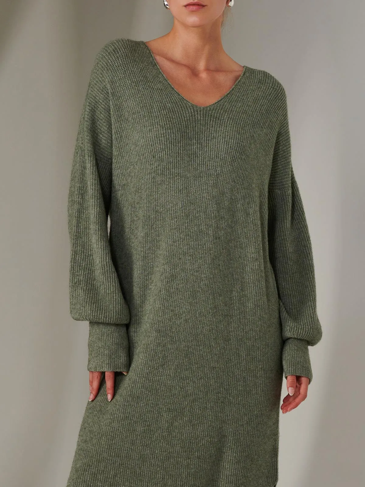 Made In Italy V Neck Knitted Jumper Maxi Dress, Khaki Green