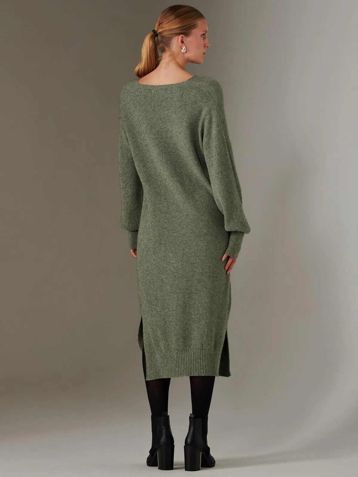 Made In Italy V Neck Knitted Jumper Maxi Dress, Khaki Green