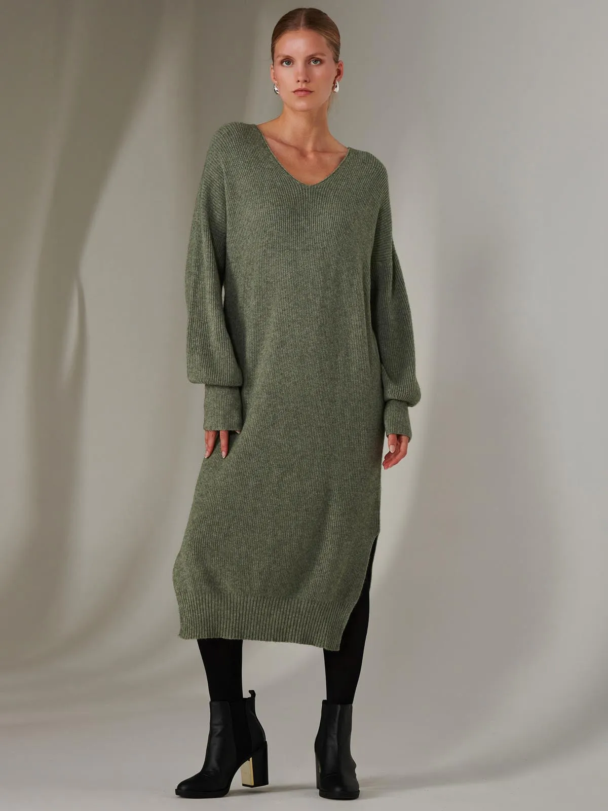 Made In Italy V Neck Knitted Jumper Maxi Dress, Khaki Green