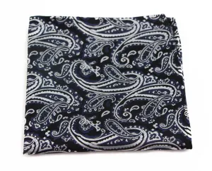 Mens Black & Silver Boho Paisley Silk Pocket Square