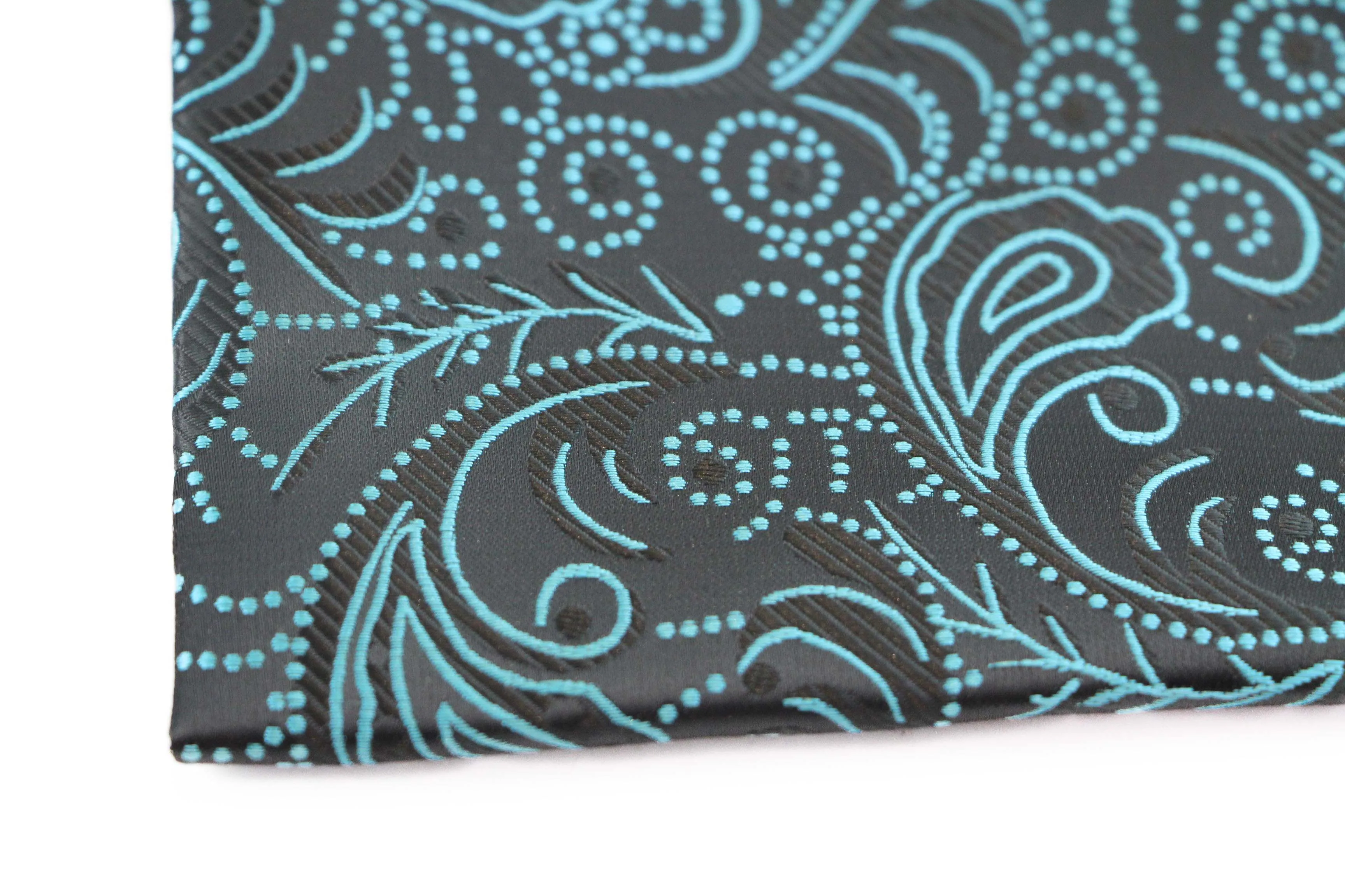 Mens Black & Turquoise Boho Paisley Silk Pocket Square