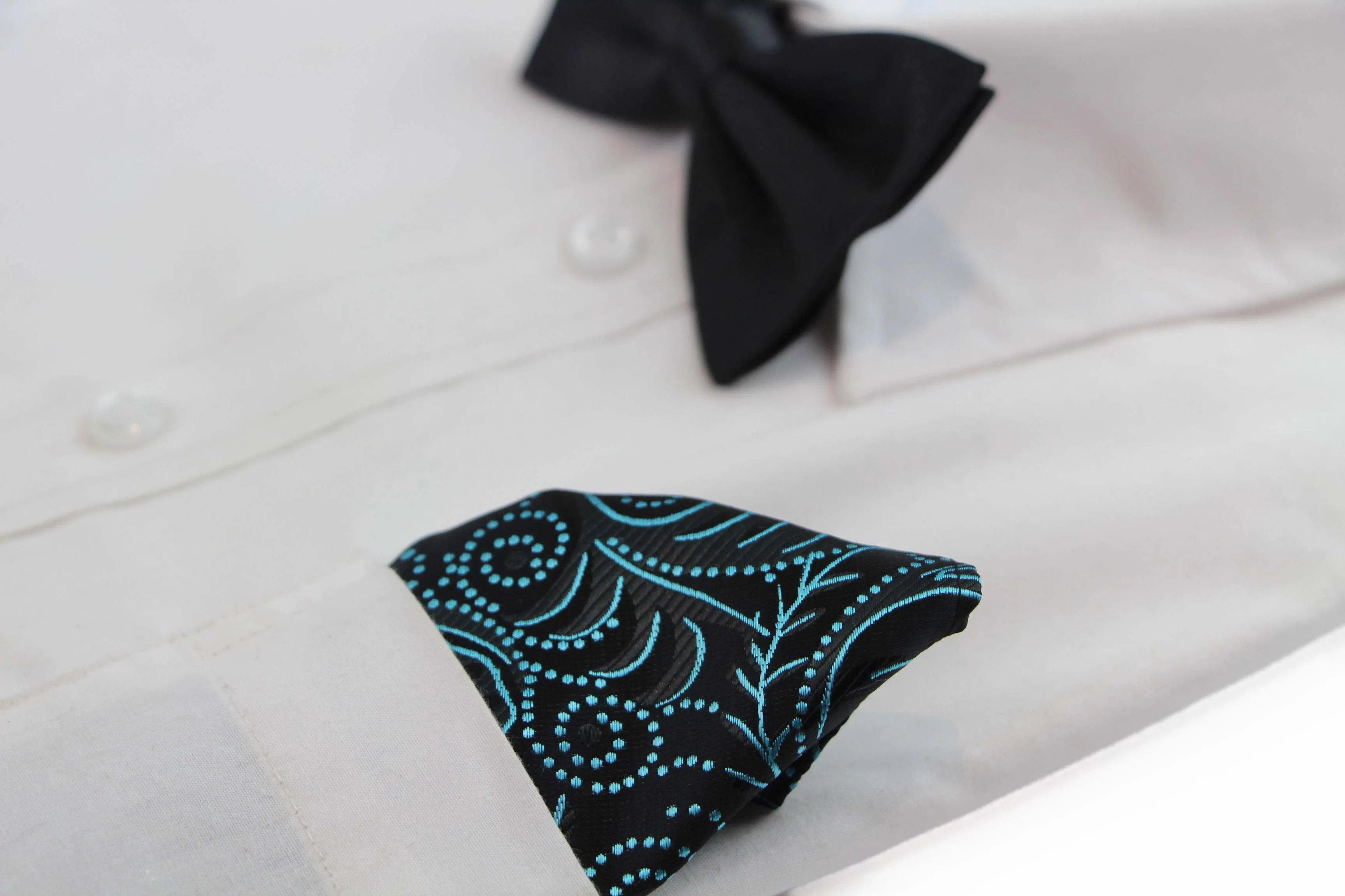 Mens Black & Turquoise Boho Paisley Silk Pocket Square