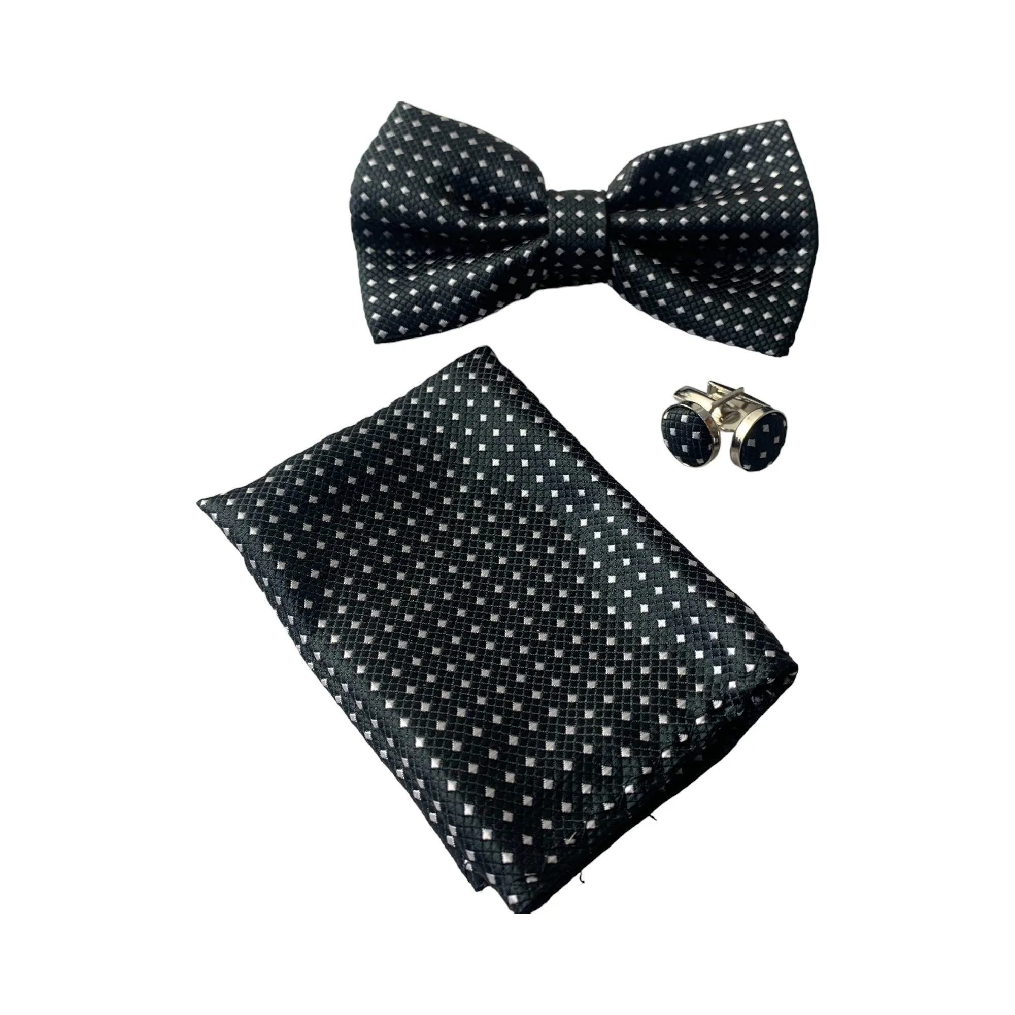 Mens Black Checkered Matching Bow Tie, Pocket Square & Cuff Links Set