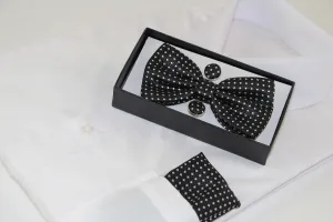 Mens Black Checkered Matching Bow Tie, Pocket Square & Cuff Links Set