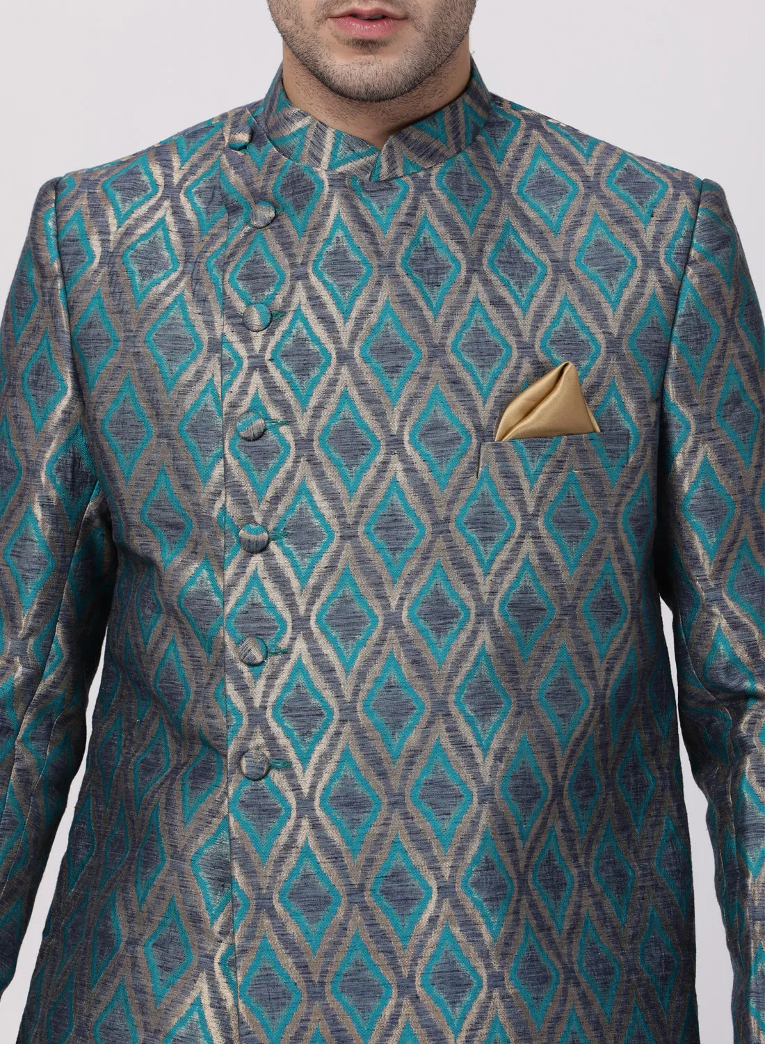 Men's Blue Silk Blend Sherwani Set