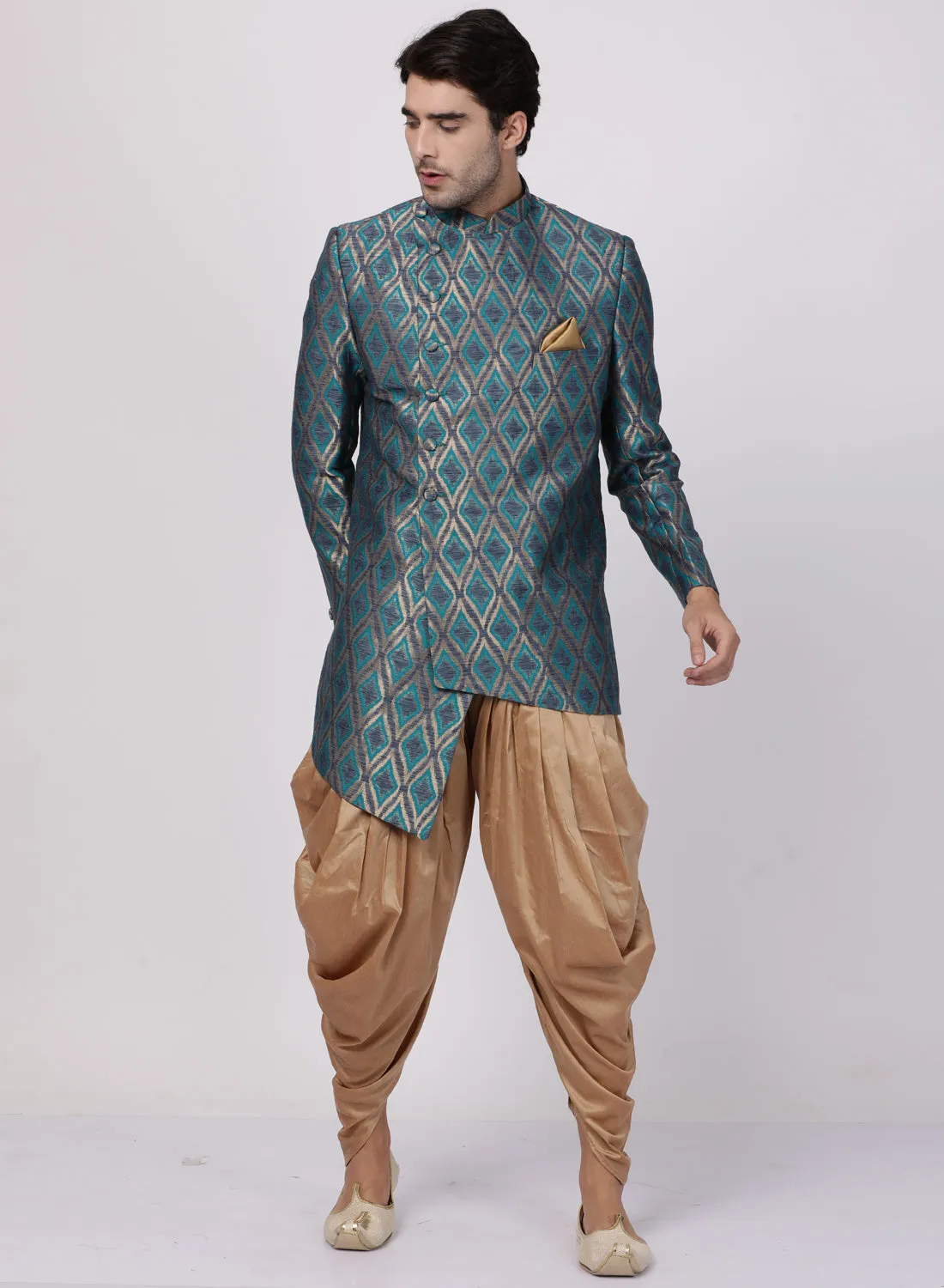 Men's Blue Silk Blend Sherwani Set