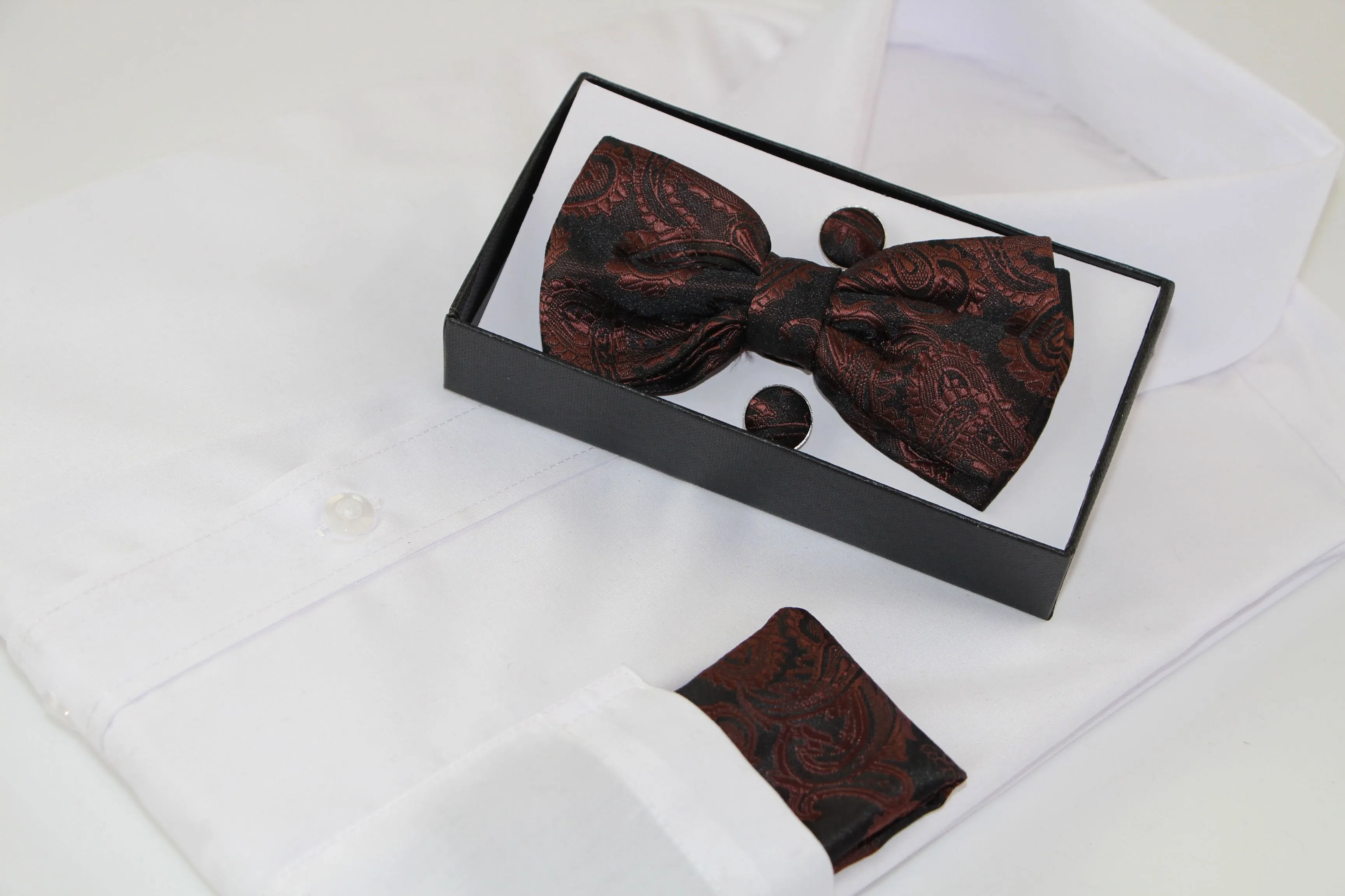 Mens Brown Paisley Matching Bow Tie, Pocket Square & Cuff Links Set