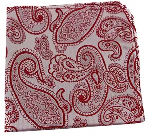 Mens Red & White Boho Paisley Silk Pocket Square