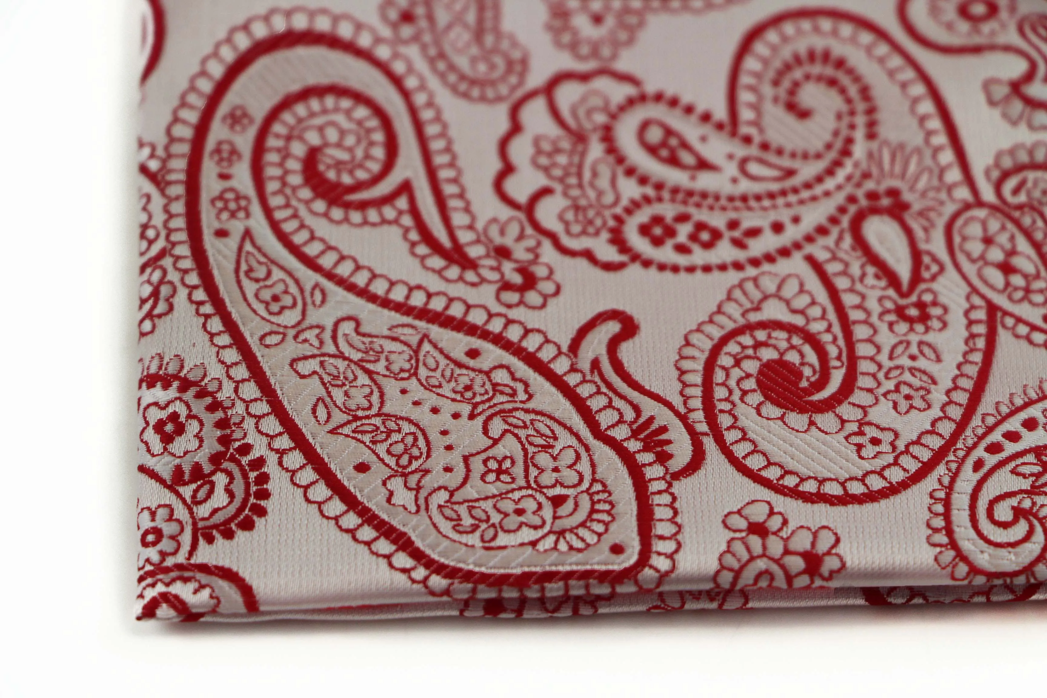 Mens Red & White Boho Paisley Silk Pocket Square