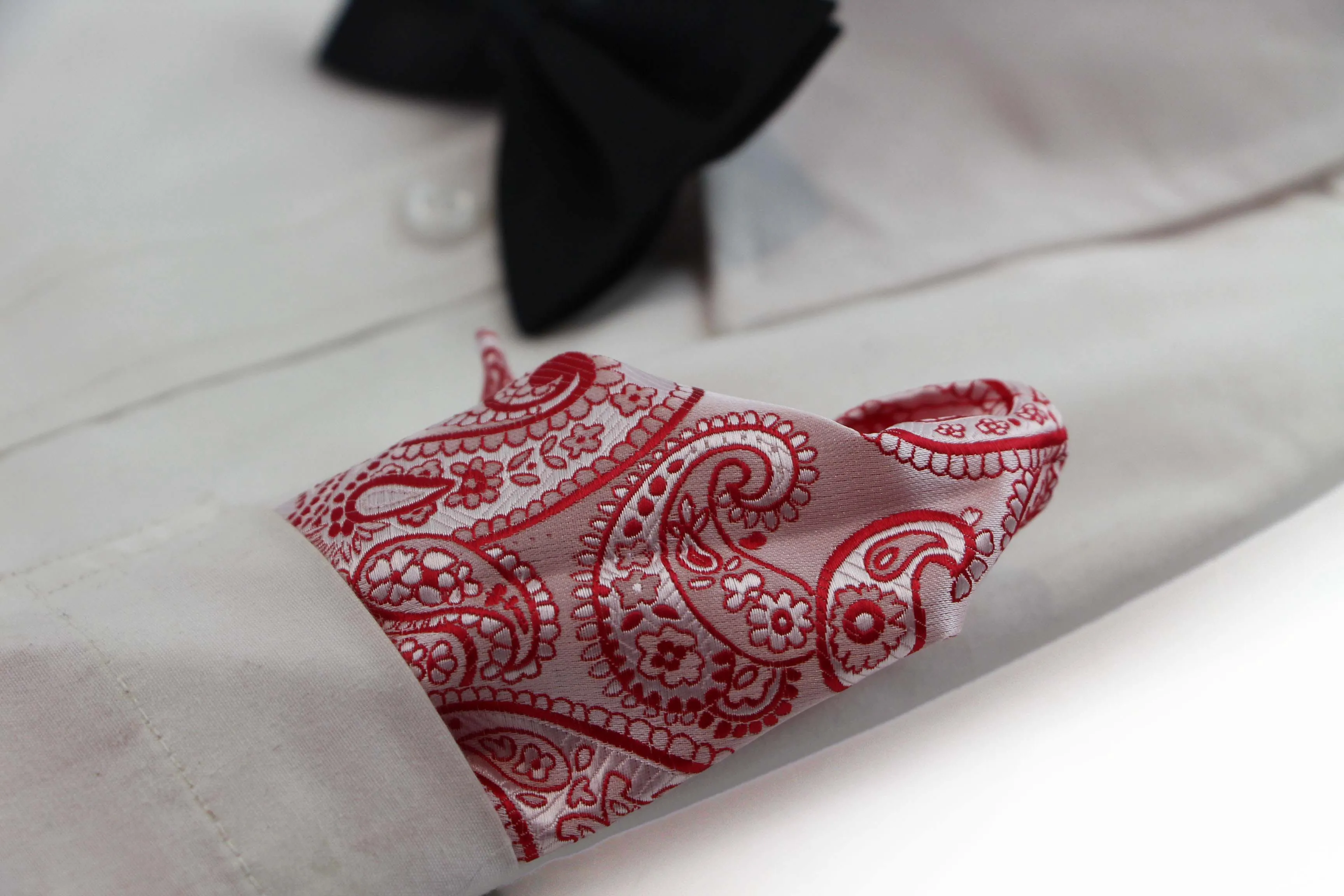 Mens Red & White Boho Paisley Silk Pocket Square