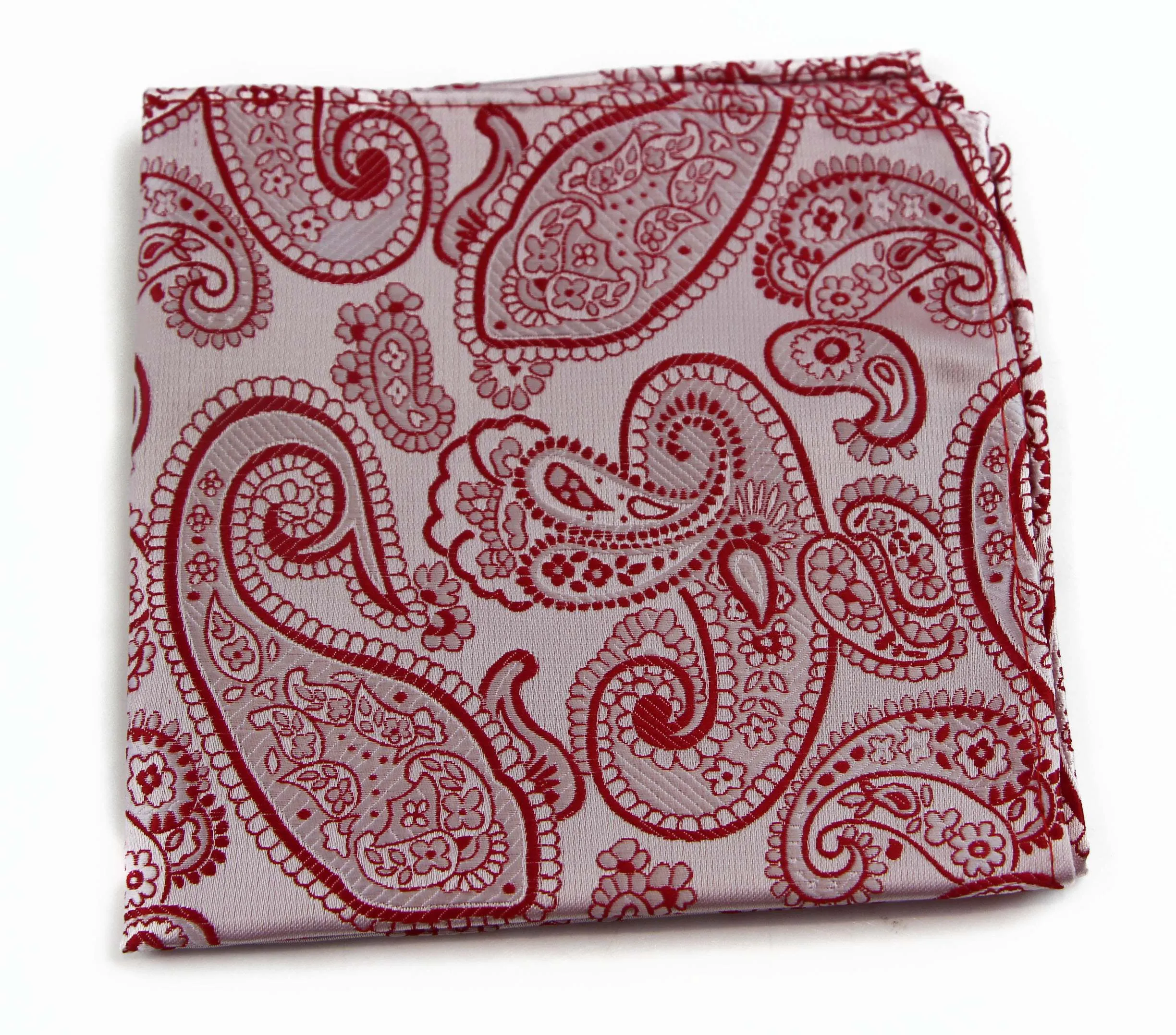 Mens Red & White Boho Paisley Silk Pocket Square