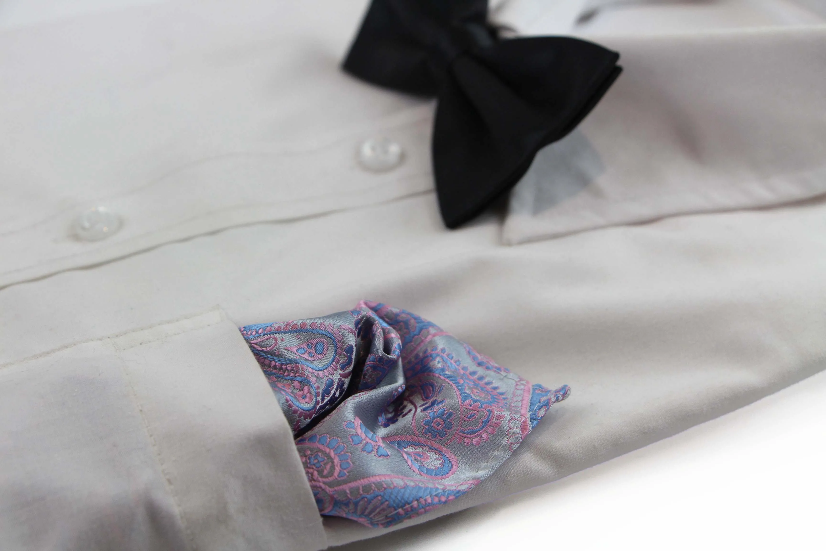 Mens Silver & Light Pink Paisley Silk Pocket Square