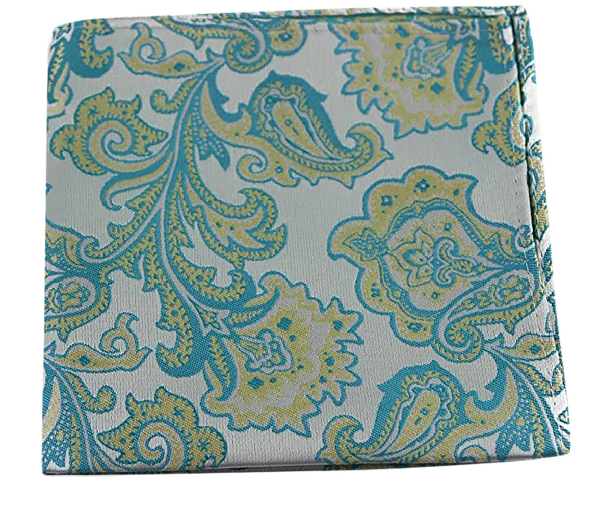 Mens Turquoise And Silver Boho Paisley Silk Pocket Square