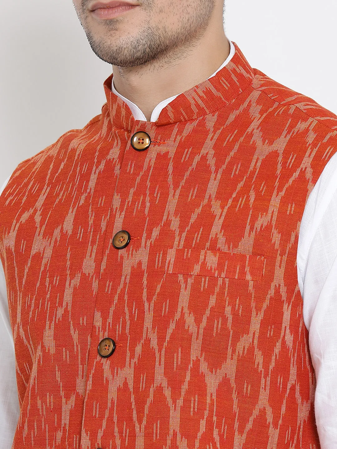 Men's White Cotton Kurta, Orange Ethnic Jacket and Pyjama Set