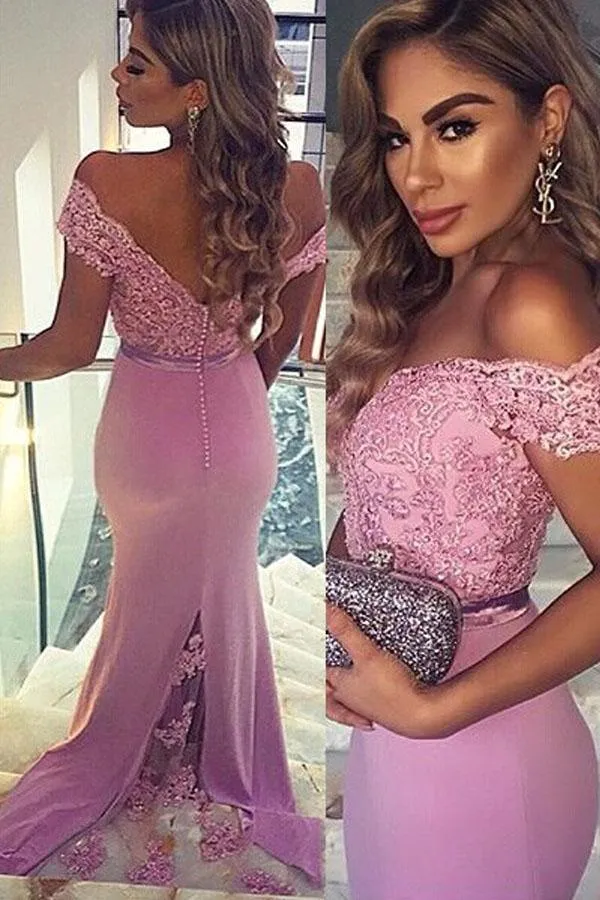 Mermaid Off-the-Shoulder Train Satin Prom Dress with Appliques Lace PG407