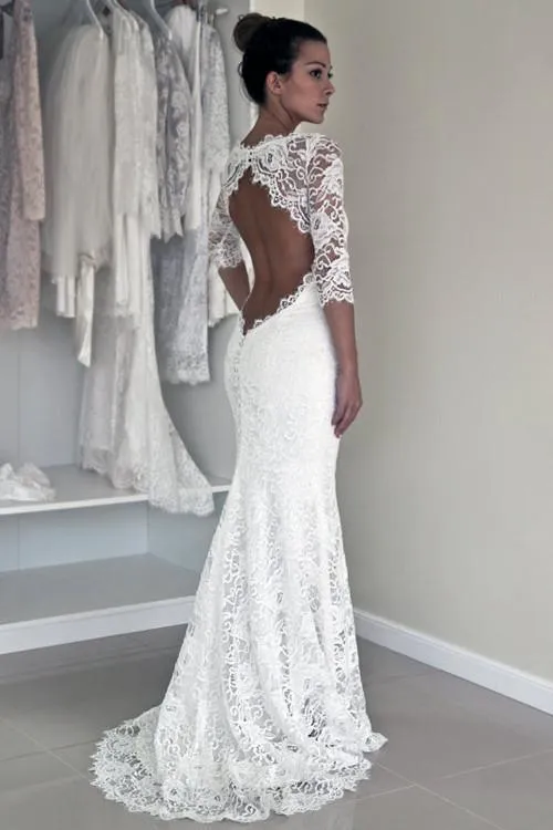 Mermaid Scoop Open Back Long Sleeves Wedding Dresses With Appliques WD004