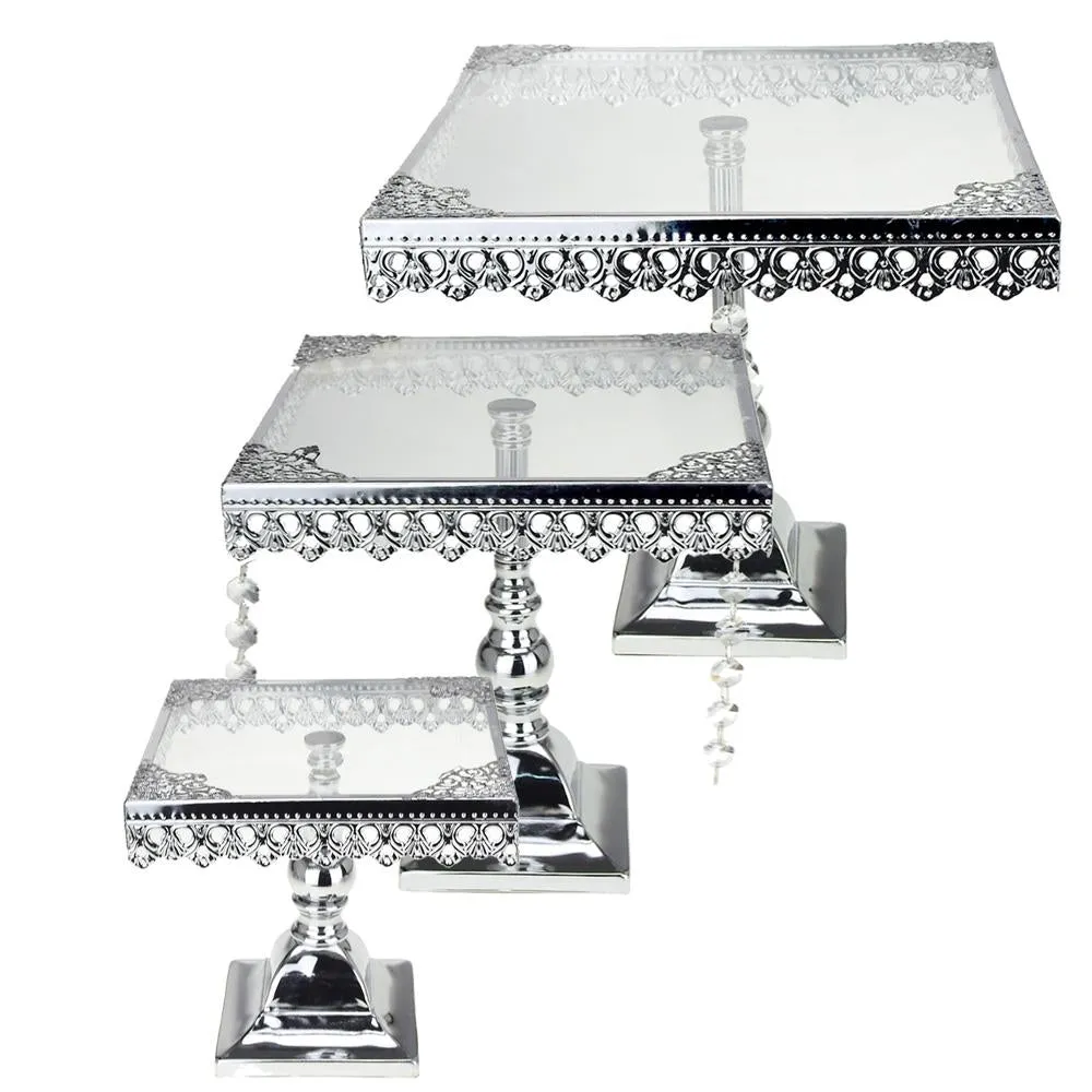 Metal Cake Stand with Glass Top, Silver, 10-3/4-Inch, 3 Piece