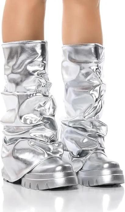 Metallic Silver Lug Style Foldover Chunky Slouchy Boots