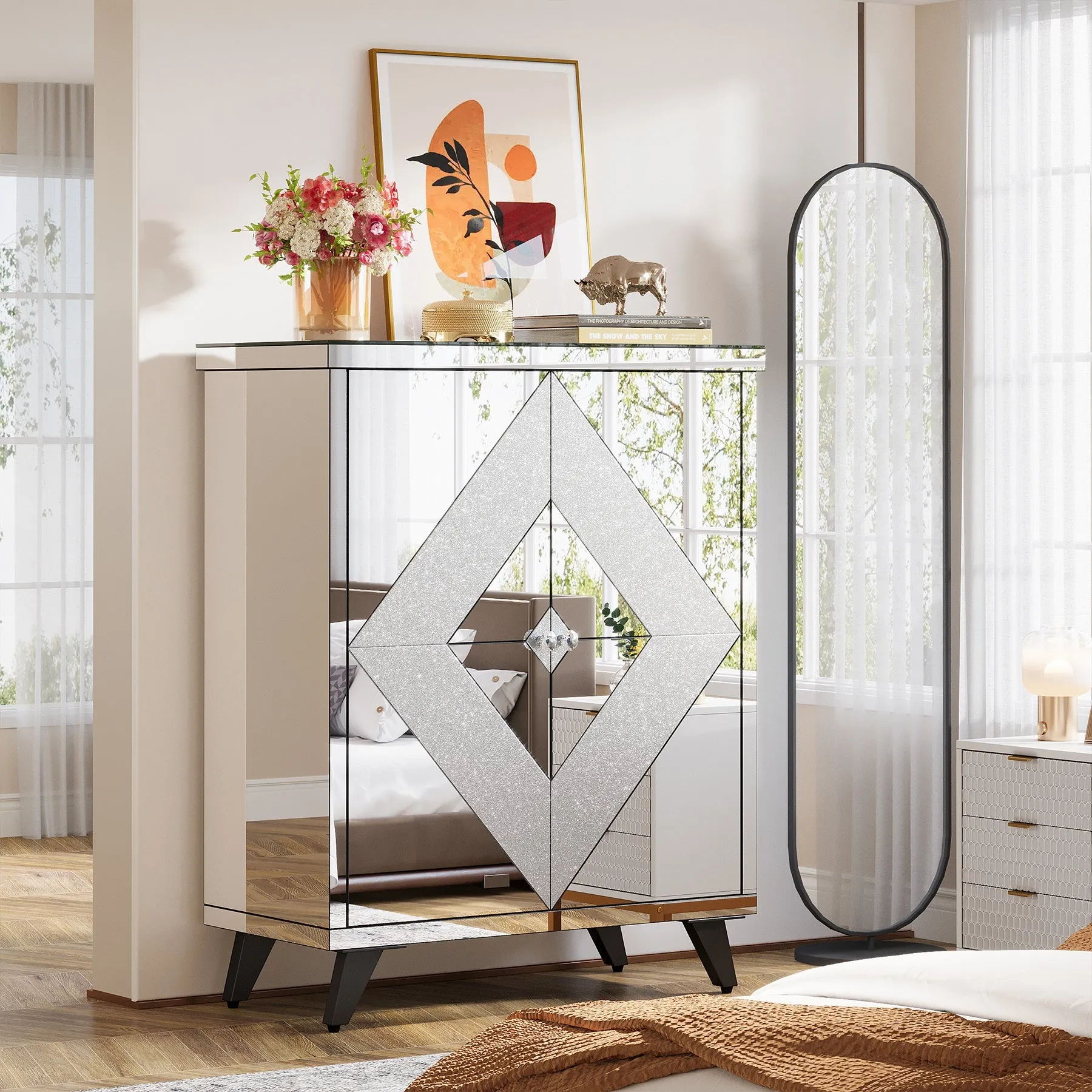 Modern Shoe Cabinet Entryway Shoe Organizer with Mirrored Doors