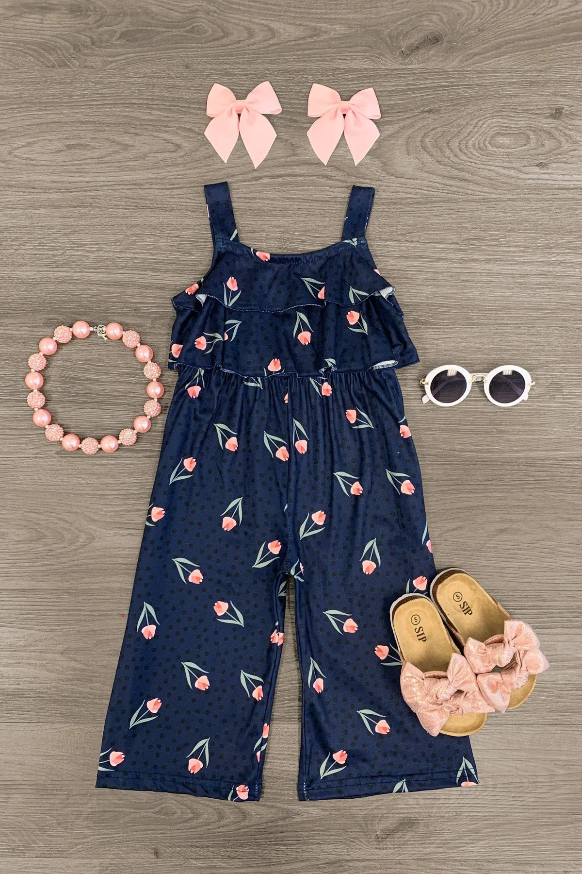 Navy Tulips Ruffle Jumpsuit