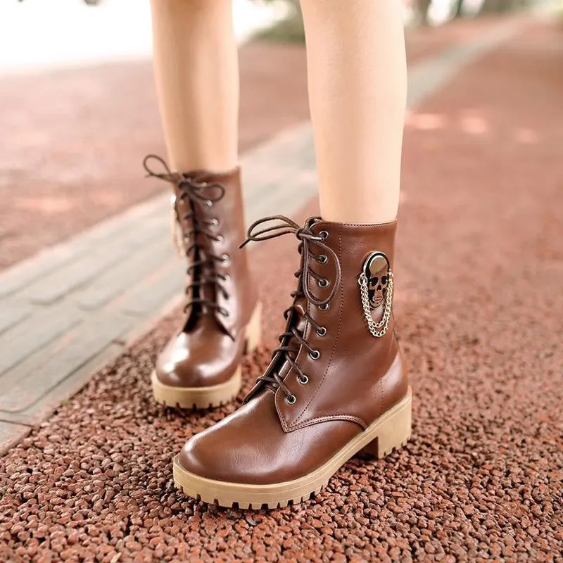 New hot sale Autumn women cool boots Large size 34-40 skull street zip leisure round toe casual lace up ankle boots