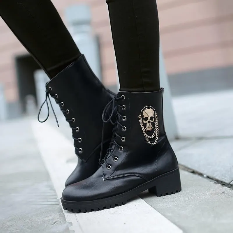 New hot sale Autumn women cool boots Large size 34-40 skull street zip leisure round toe casual lace up ankle boots