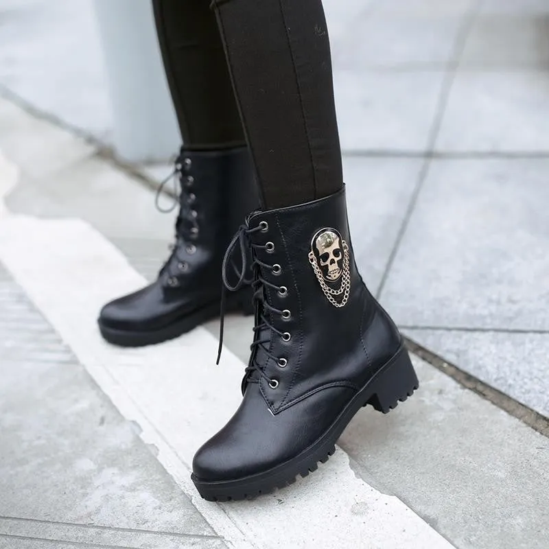 New hot sale Autumn women cool boots Large size 34-40 skull street zip leisure round toe casual lace up ankle boots