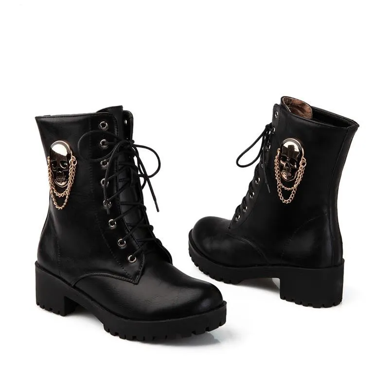 New hot sale Autumn women cool boots Large size 34-40 skull street zip leisure round toe casual lace up ankle boots