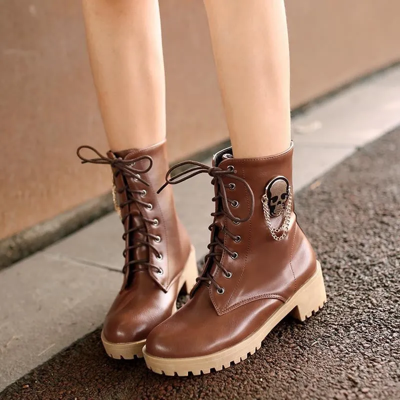 New hot sale Autumn women cool boots Large size 34-40 skull street zip leisure round toe casual lace up ankle boots