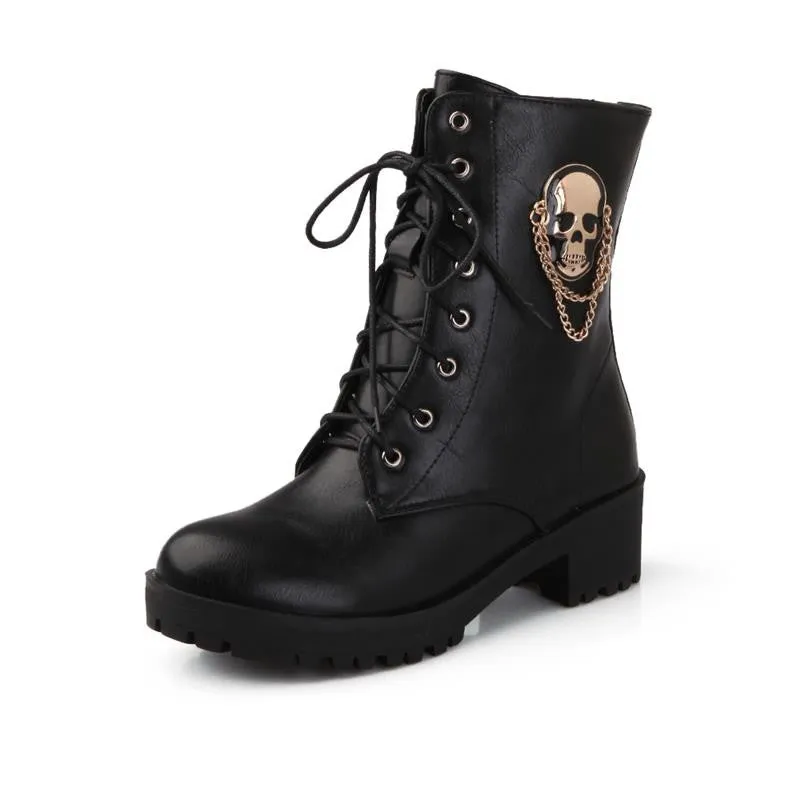 New hot sale Autumn women cool boots Large size 34-40 skull street zip leisure round toe casual lace up ankle boots