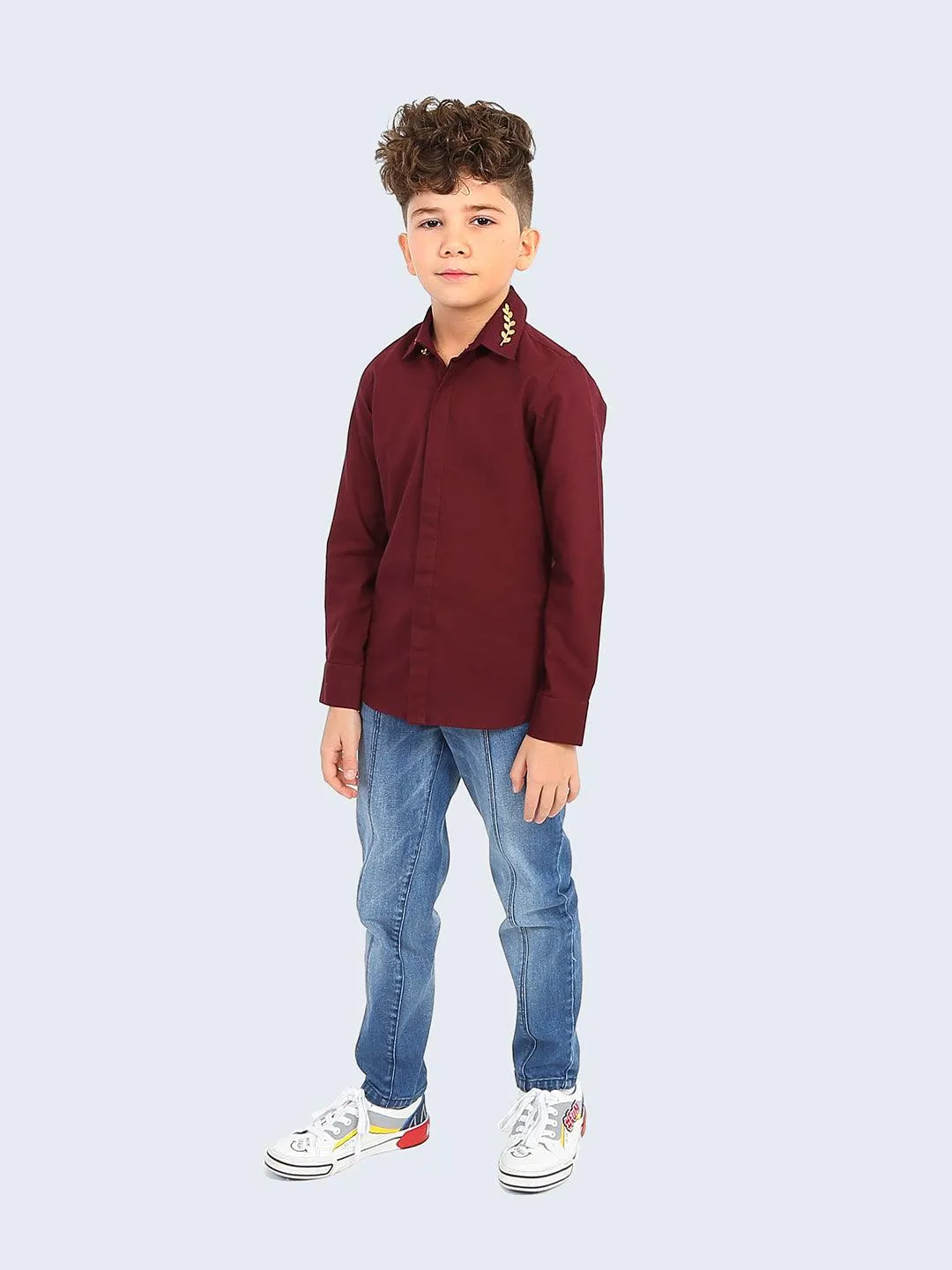 One Friday Kids Boy Burgundy Solid Cotton Woven Shirt