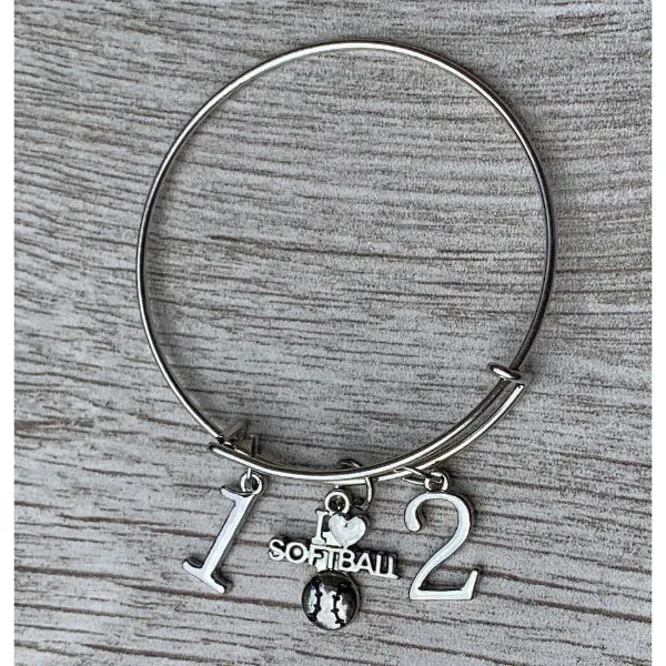 Personalized Softball Bangle Bracelet with Number Charms