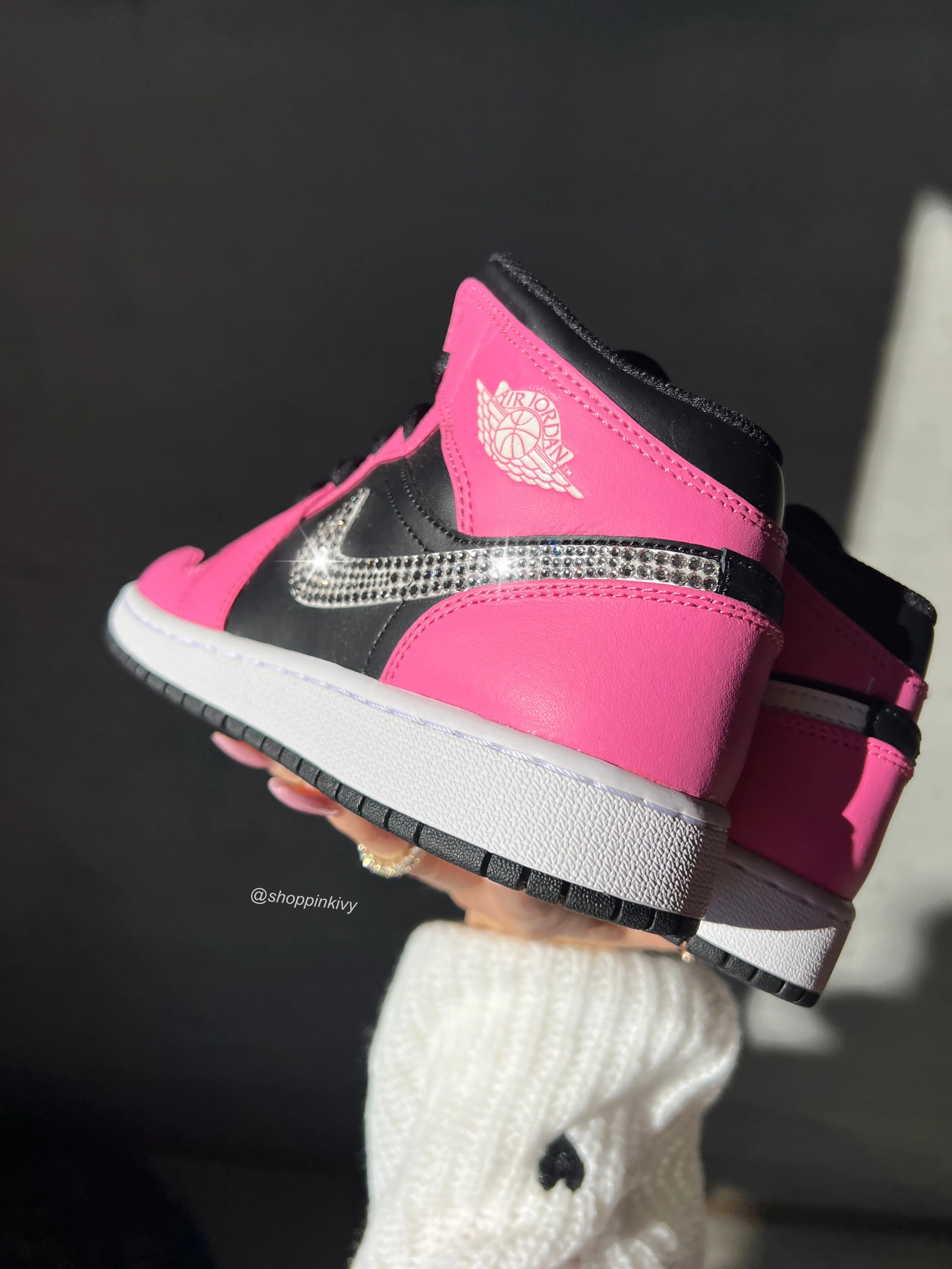 Pink and Black Swarovski Women’s Air Jordan 1 Mid Shoesl