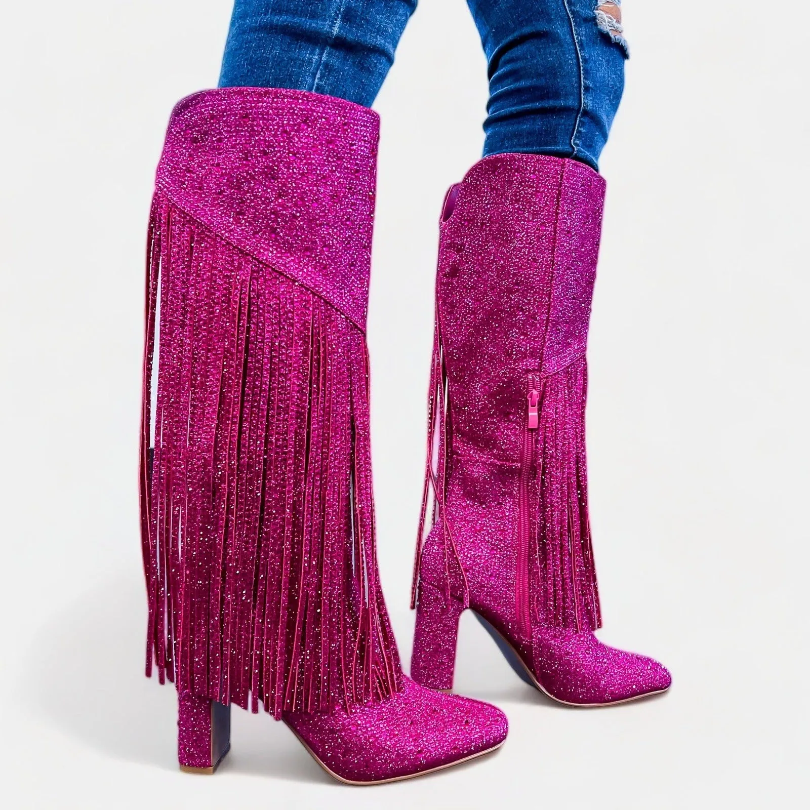 Pink Fringe Rhinestone Boots