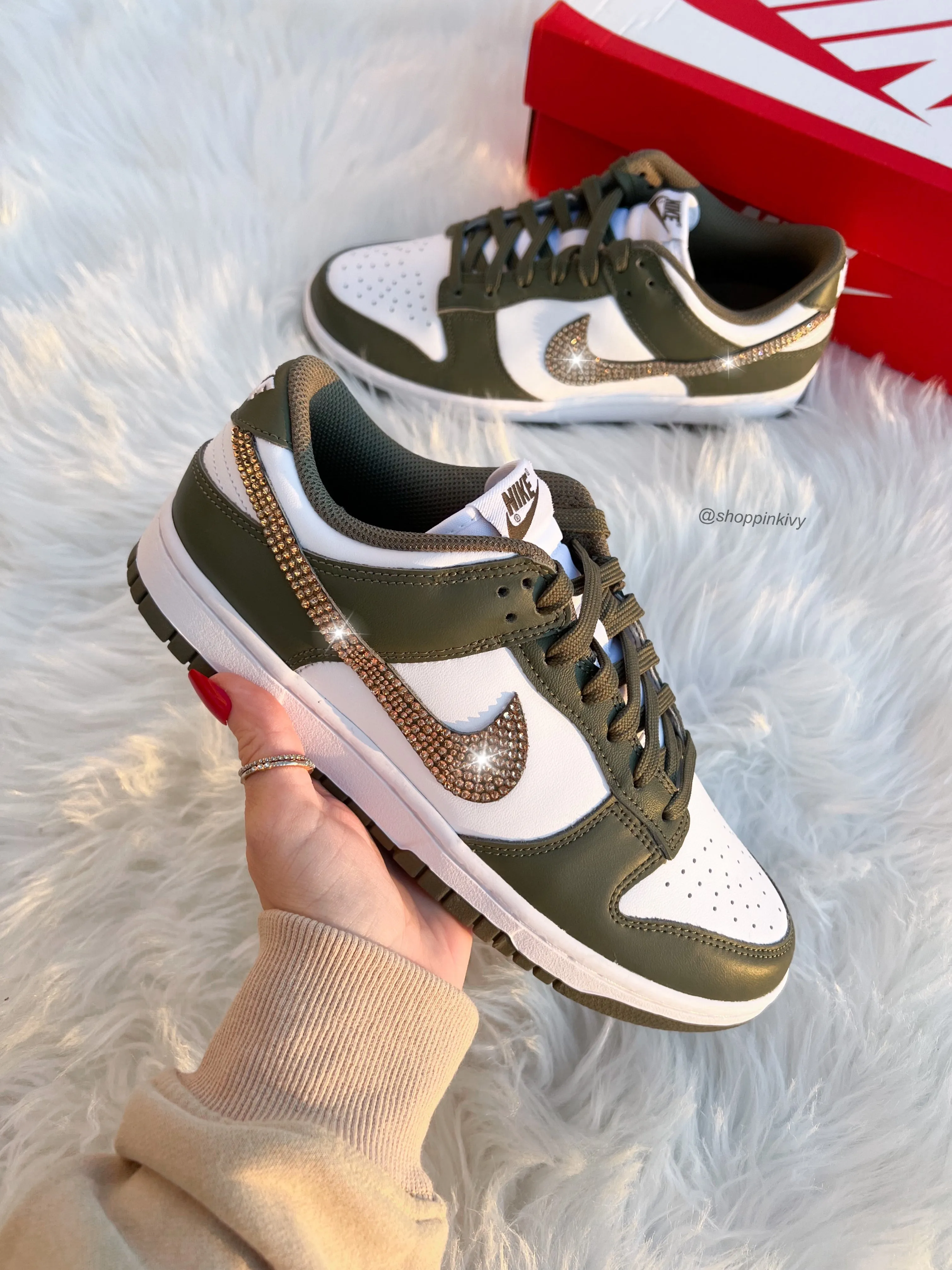 Rare Olive Swarovski Womens Nike Dunk Shoes