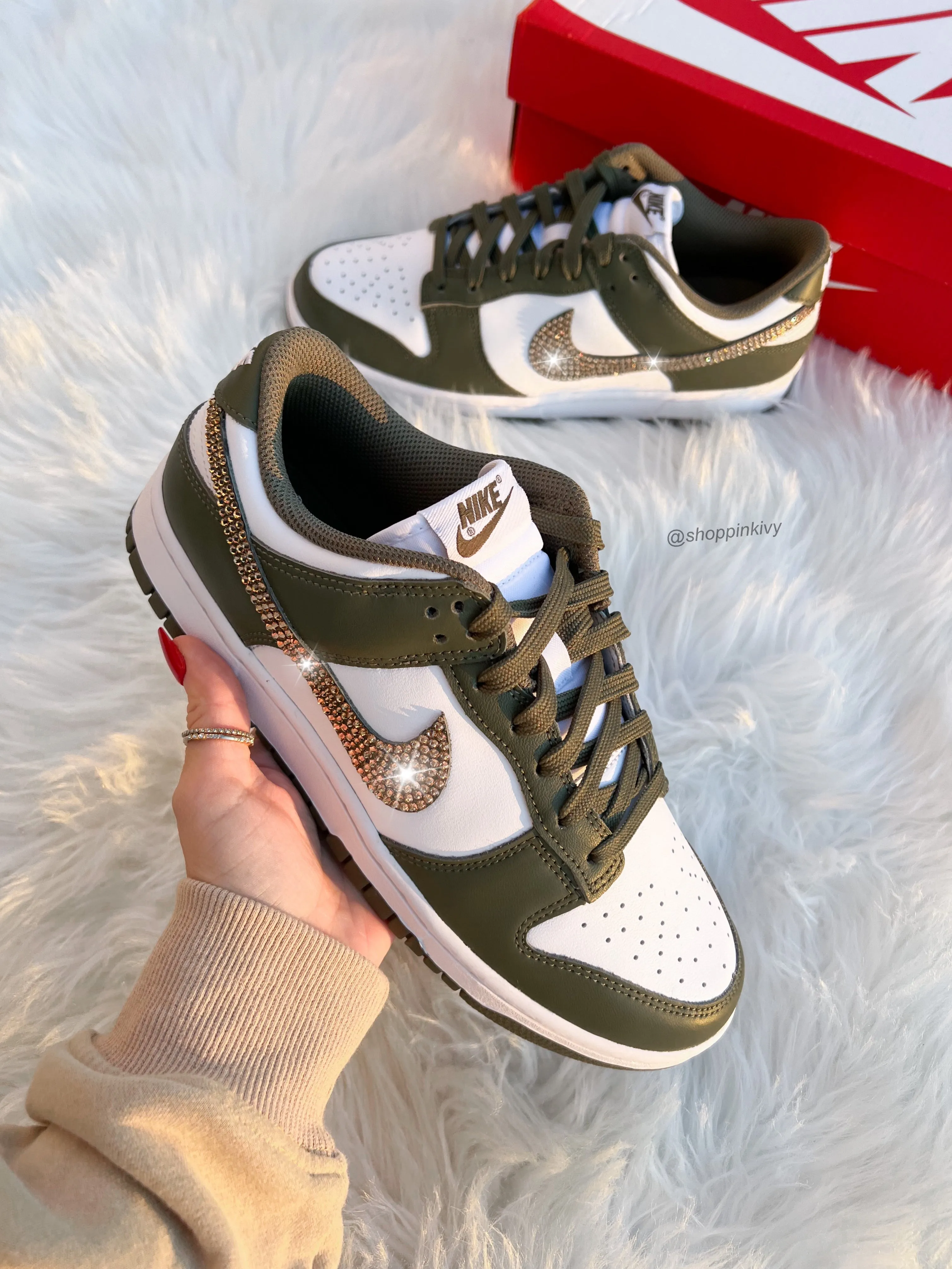 Rare Olive Swarovski Womens Nike Dunk Shoes