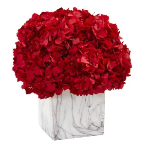 Red Hydrangea Artificial Arrangement in Marble Vase