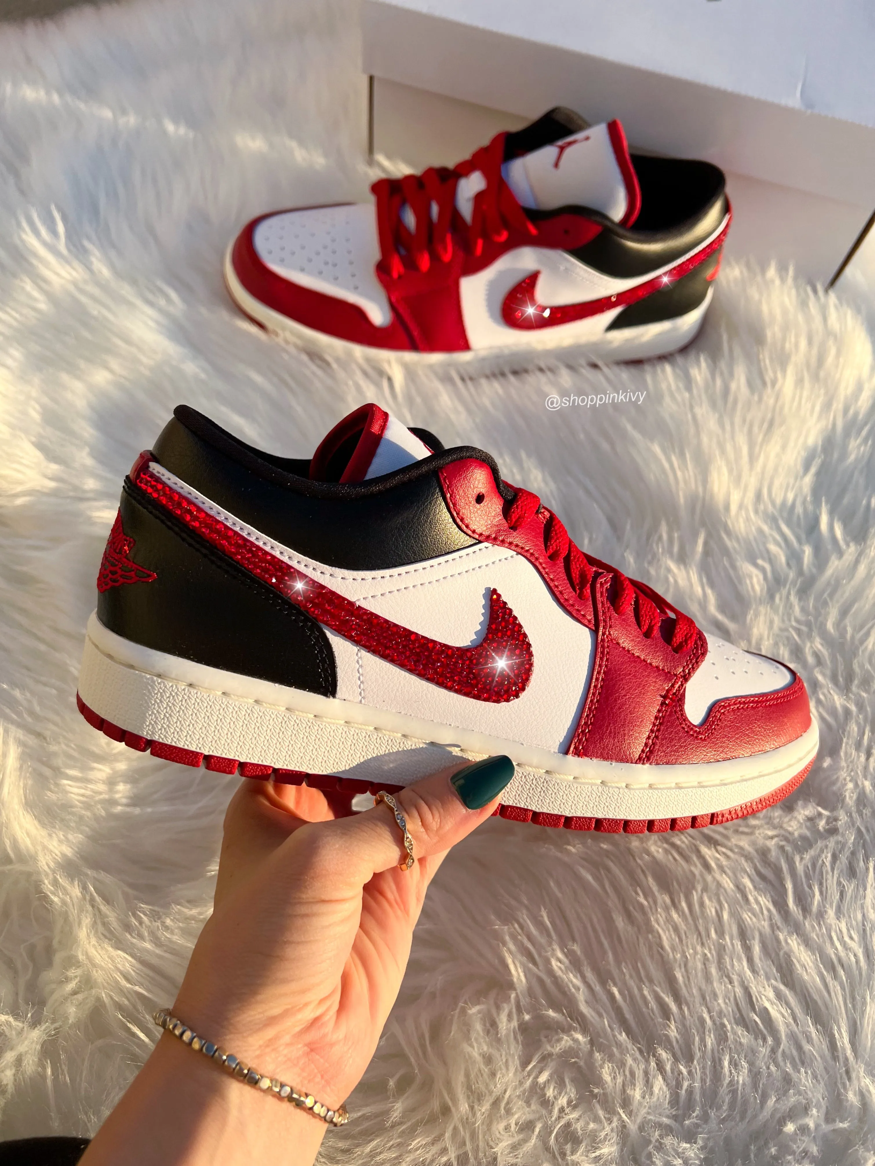 Red Swarovski Women’s Air Jordan Retro 1 Low Shoes