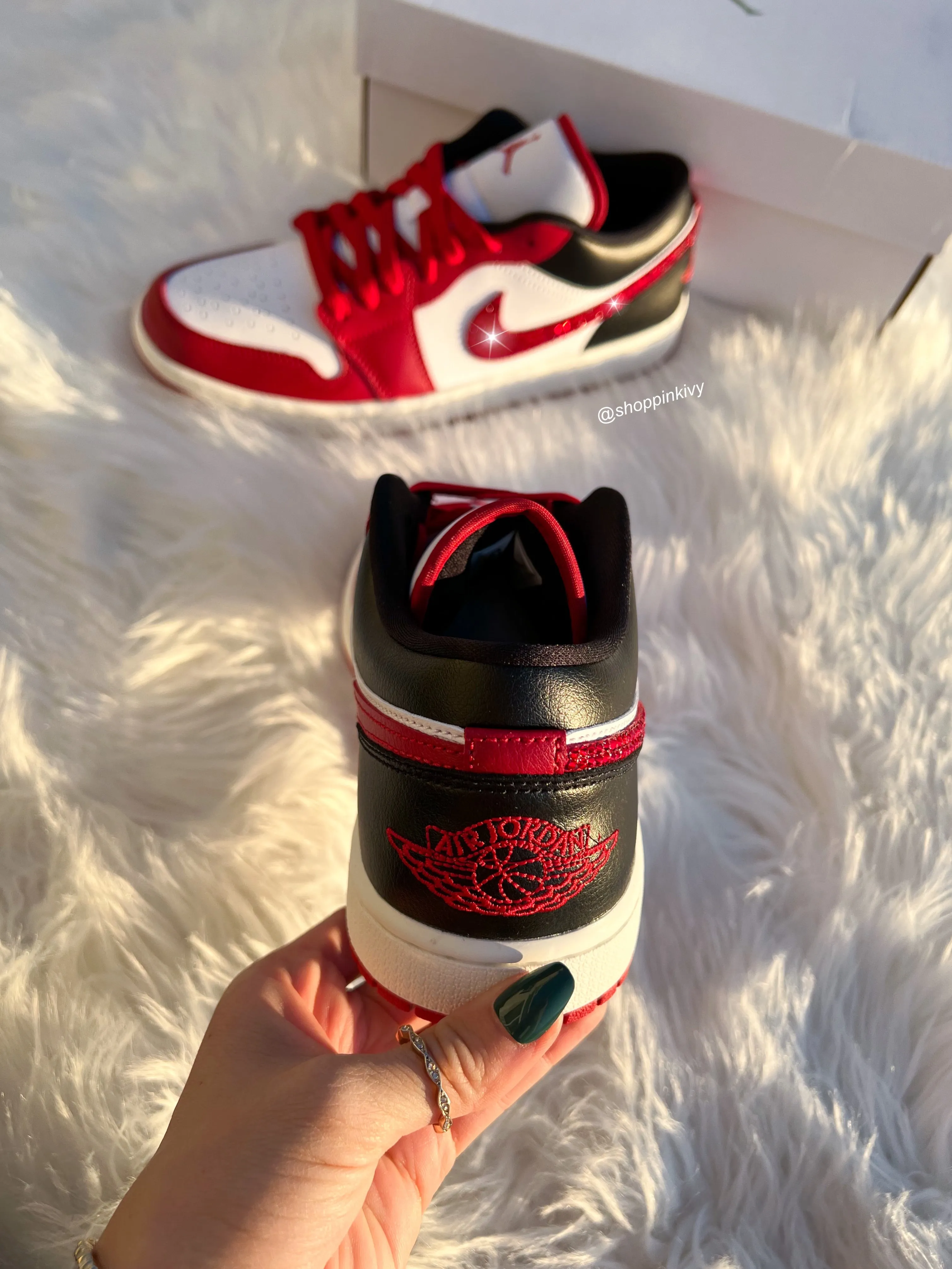 Red Swarovski Women’s Air Jordan Retro 1 Low Shoes