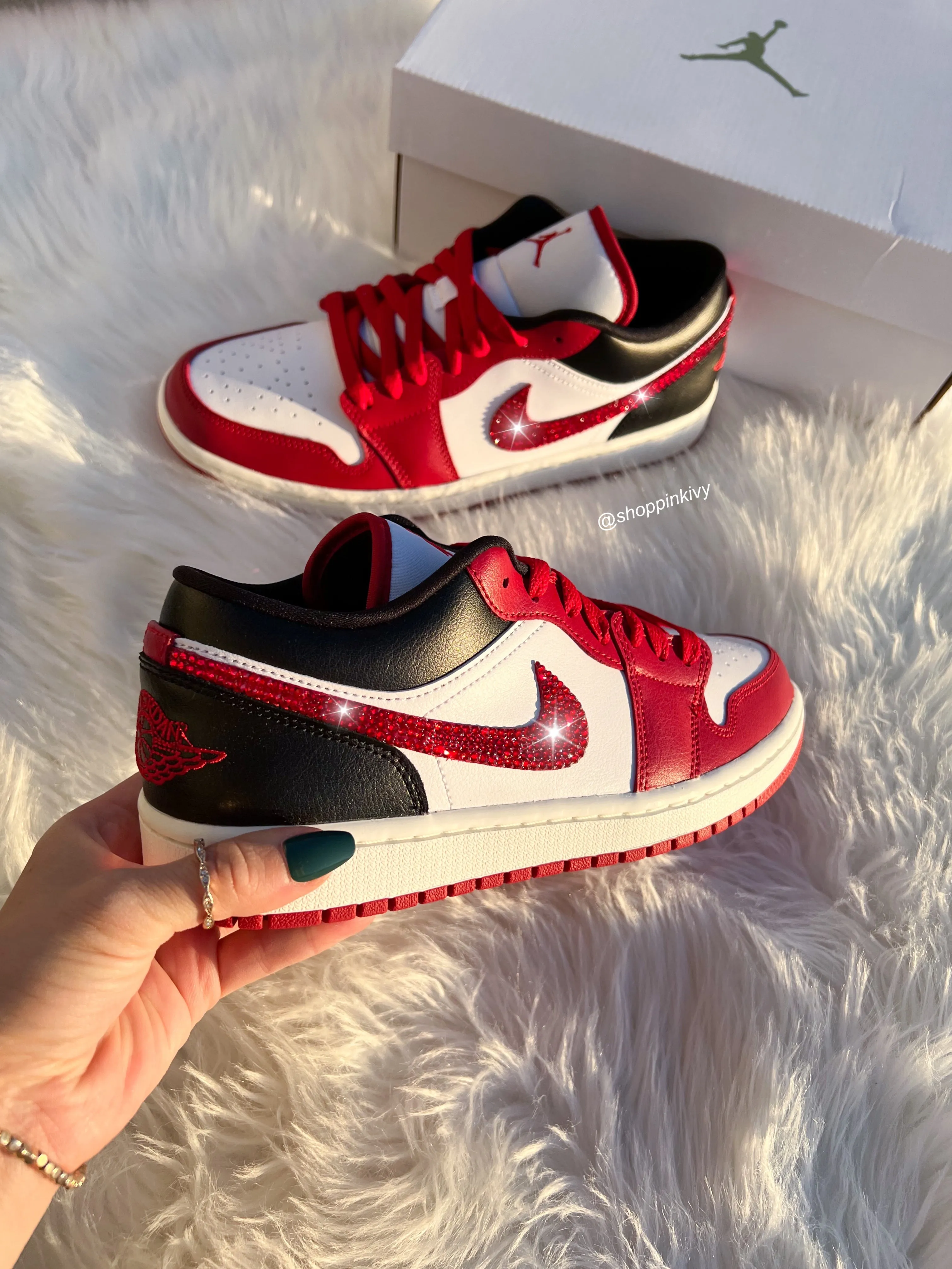 Red Swarovski Women’s Air Jordan Retro 1 Low Shoes