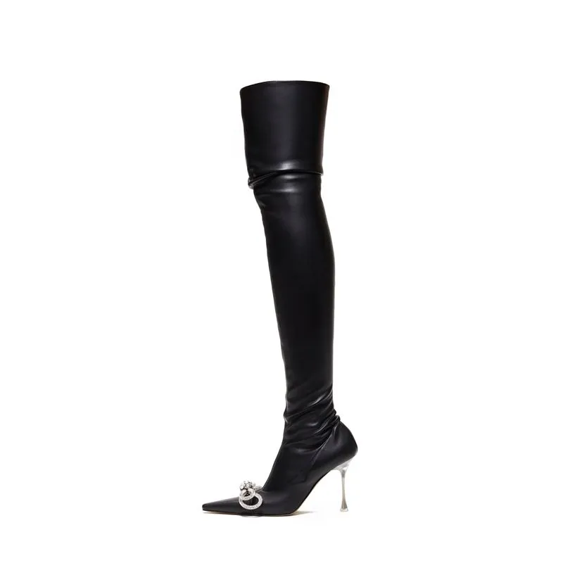 Rhinestone Knot Pointed Toe Thigh High Boots