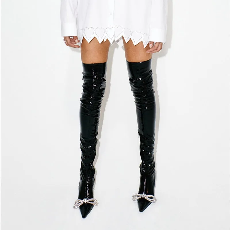 Rhinestone Knot Pointed Toe Thigh High Boots