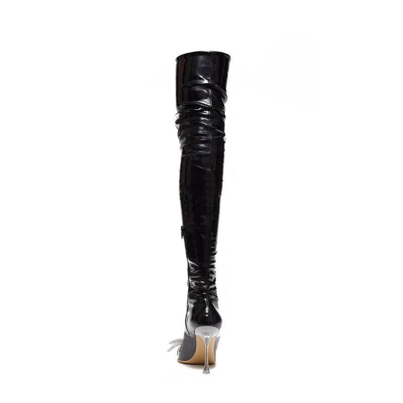 Rhinestone Knot Pointed Toe Thigh High Boots