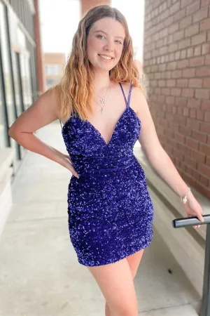 Royal Blue Sequin V-Neck Homecoming Dress Sexy Elegant Dresses