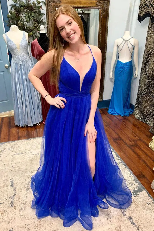 Royal Blue Tulle A-Line Long Prom Dress With Slit,Maxi Dress Formal Party Gown